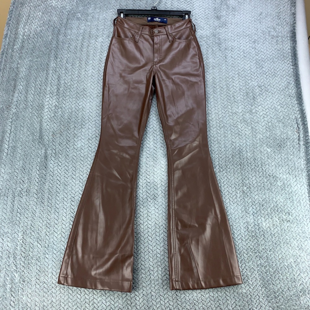 Hollister Womens Brown Faux Leather High-Rise Flare Pants W23 00R 356F2507